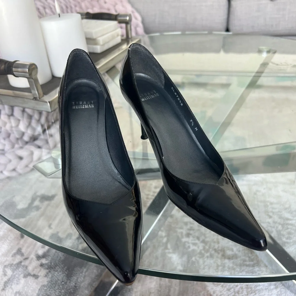 Stuart Weitzman Black Patent Pointed-Toe Pump Heels - Picture 2 of 7